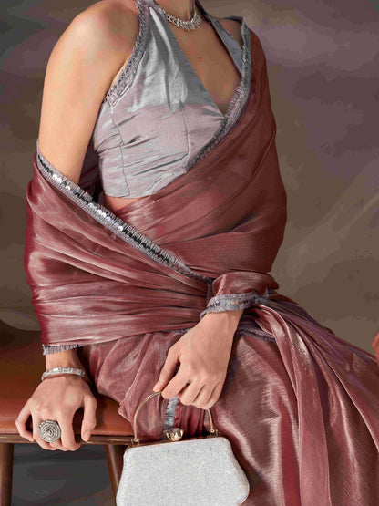 Dhiyona TI Women's Maroon Shimmer Satin Chiffon Saree With Unstitched Blouse