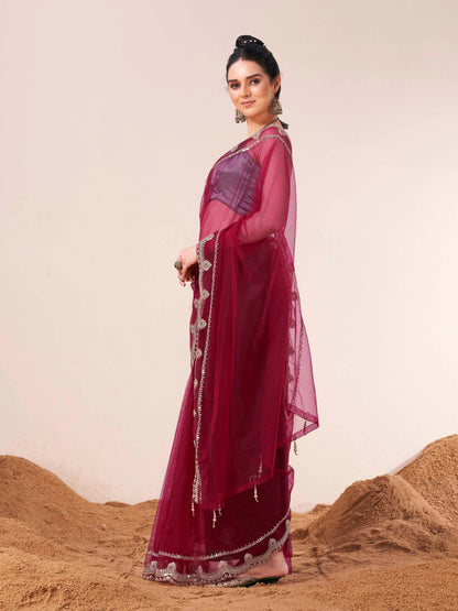 Dhiyona TI Women's Maroon Colored Net Embellished Saree with Unstitched Blouse