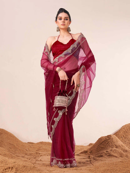 Dhiyona TI Women's Maroon Colored Net Embellished Saree with Unstitched Blouse