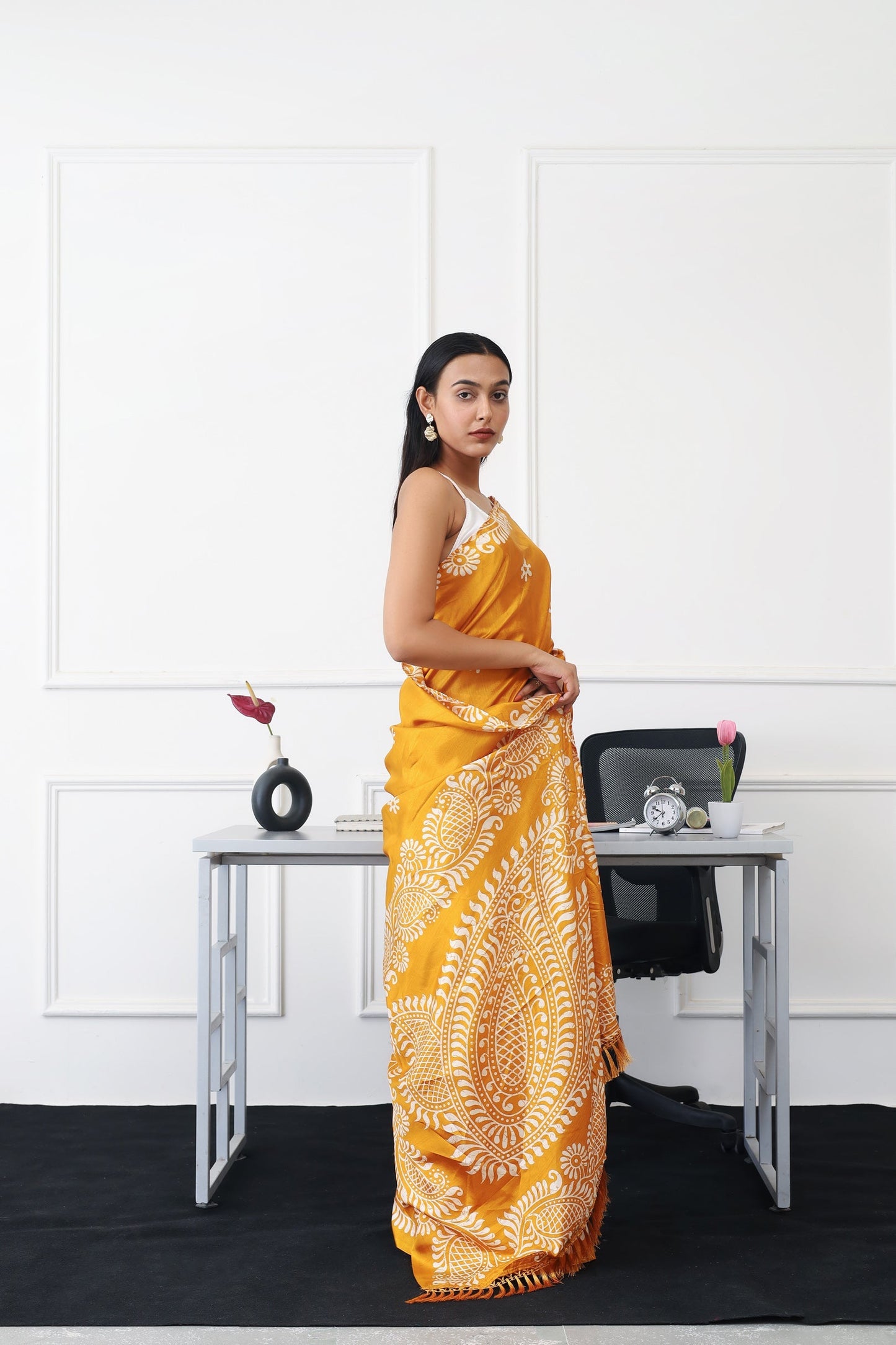 Dhiyona TI Women's Ready To Wear Mustard Colored Printed Satin Saree with Unstitched Blouse