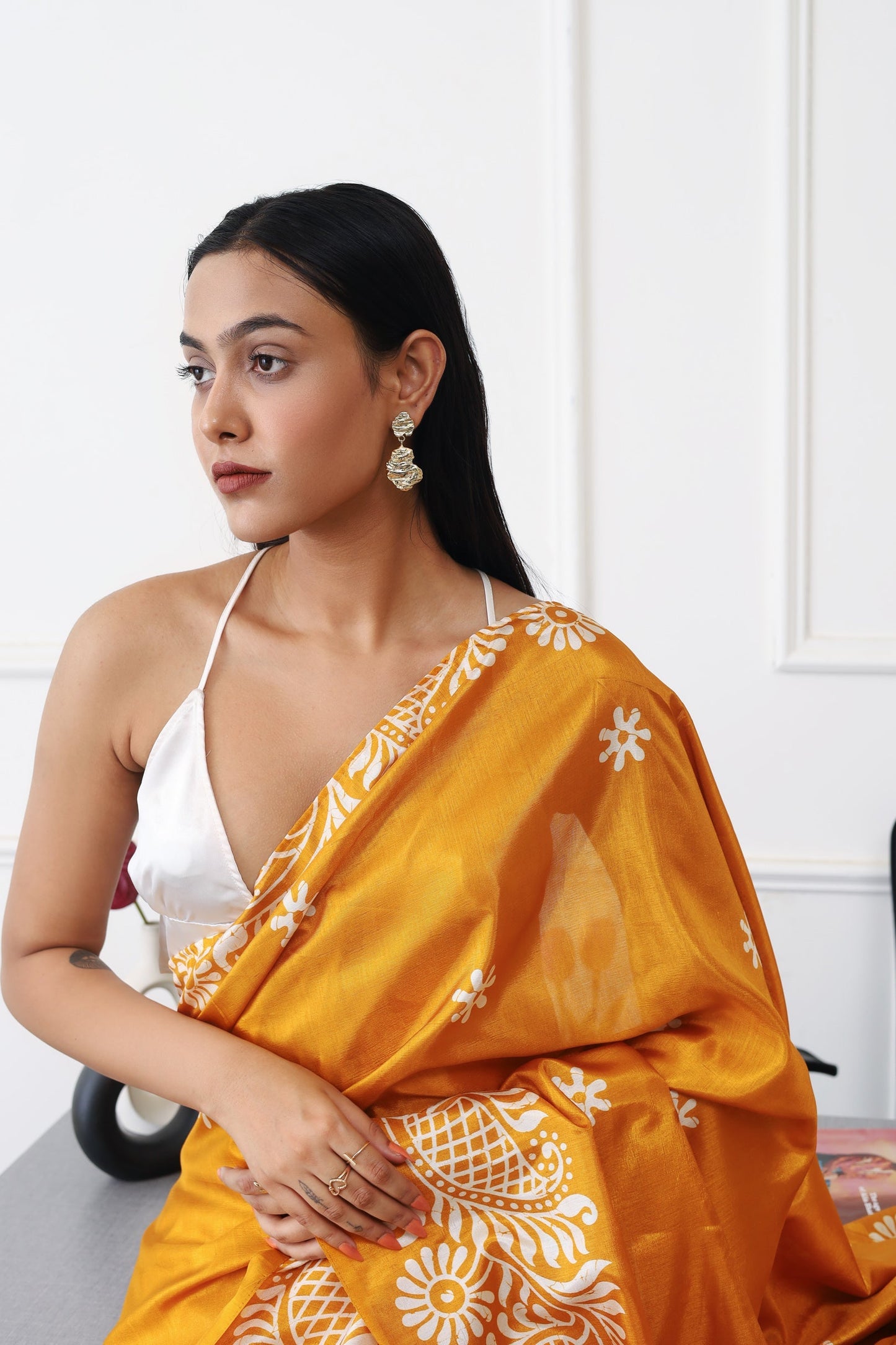 Dhiyona TI Women's Ready To Wear Mustard Colored Printed Satin Saree with Unstitched Blouse
