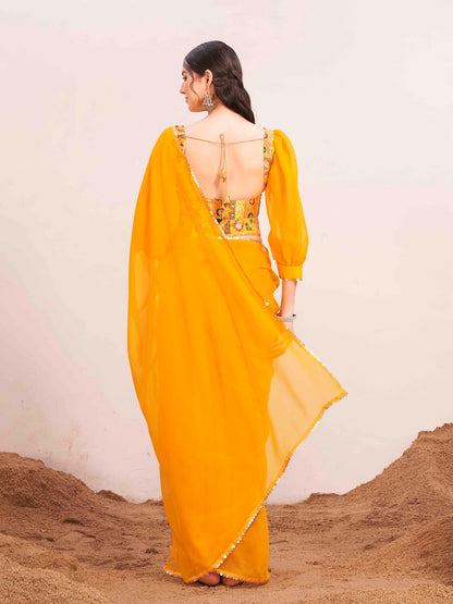Dhiyona TI Women's Yellow Colored Poly Georgette Saree with Unstitched Blouse and Belt