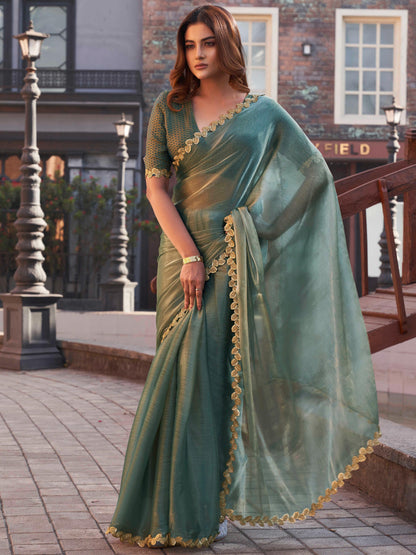 Dhiyona TI Women's Olive Green and Gold Jimmy Lace Saree with Unstitched Blouse
