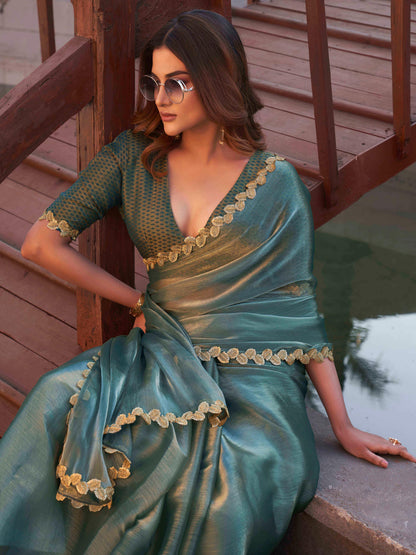 Dhiyona TI Women's Olive Green and Gold Jimmy Lace Saree with Unstitched Blouse