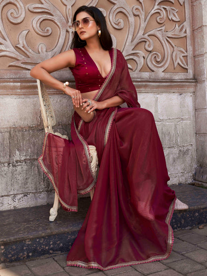 Dhiyona TI Women's Maroon Shimmer Chiffon Saree with Unstitched Blouse