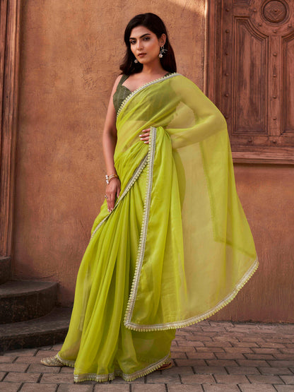 Dhiyona TI Women's Green Shimmer Chiffon Saree with Unstitched Blouse