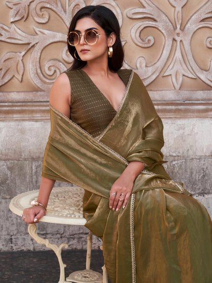 Dhiyona TI Women's Pre-Drape Green and Gold Two Tone Satin Saree with Unstitched Blouse