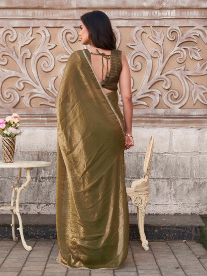 Dhiyona TI Women's Pre-Drape Green and Gold Two Tone Satin Saree with Unstitched Blouse