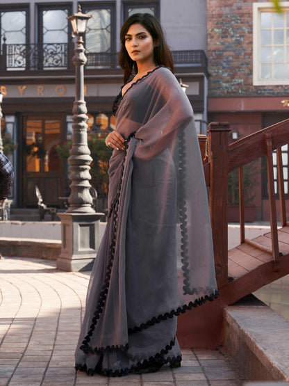 Dhiyona TI Women's Grey Shimmer Chffon Saree with Unstitched Blouse