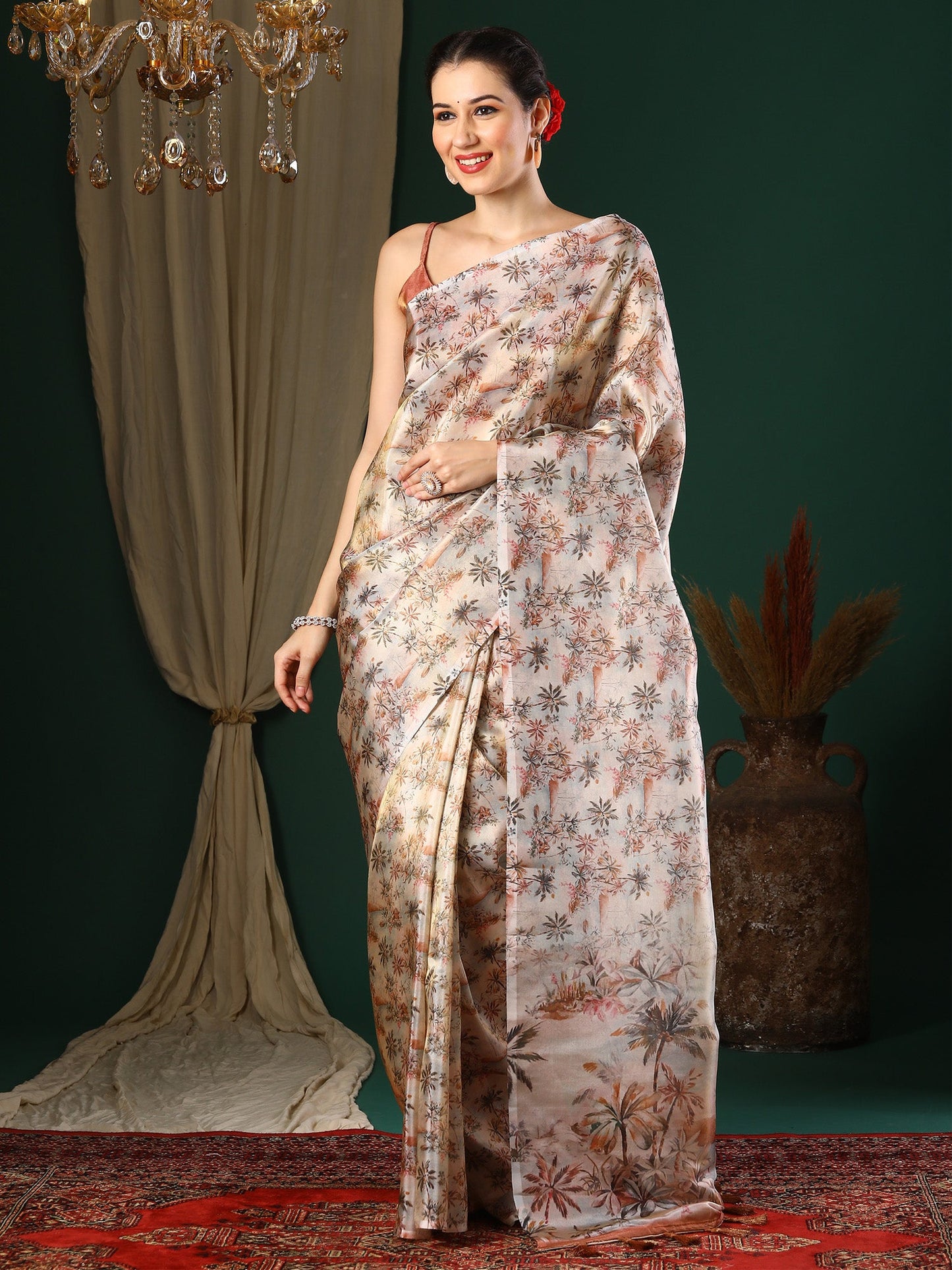 Women's Organza Cream Printed Designer Saree With Blouse Piece