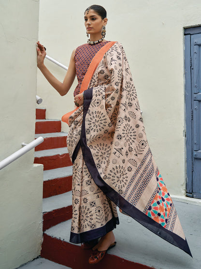 Women's Bhagalpuri Silk Cream Embroidered Celebrity Saree With Blouse Piece
