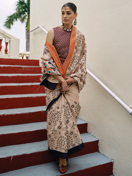 Women's Bhagalpuri Silk Cream Embroidered Celebrity Saree With Blouse Piece