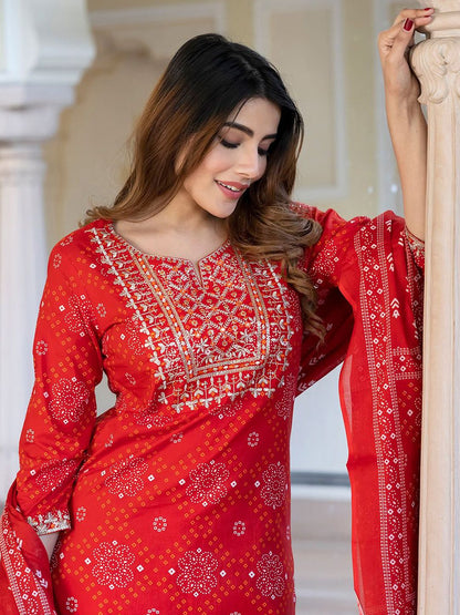 Dhiyona KL Bandhani Sequinned Embroidered Round Neck Pure Cotton Kurta with Trousers & Dupatta
