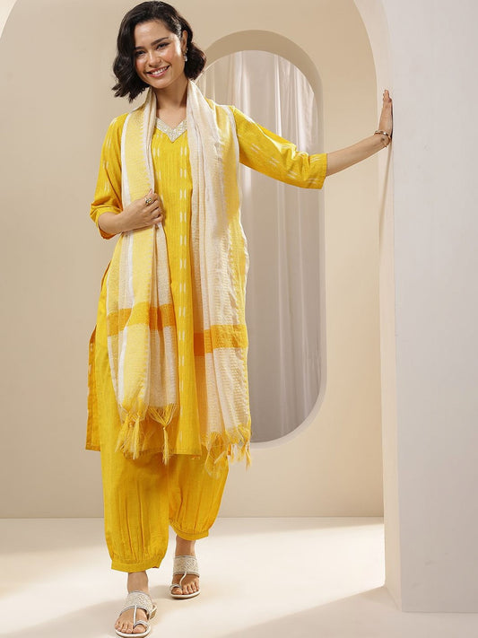 Women Ethnic Motifs Printed Regular Thread Work Kurta with Dhoti Pants & With Dupatta