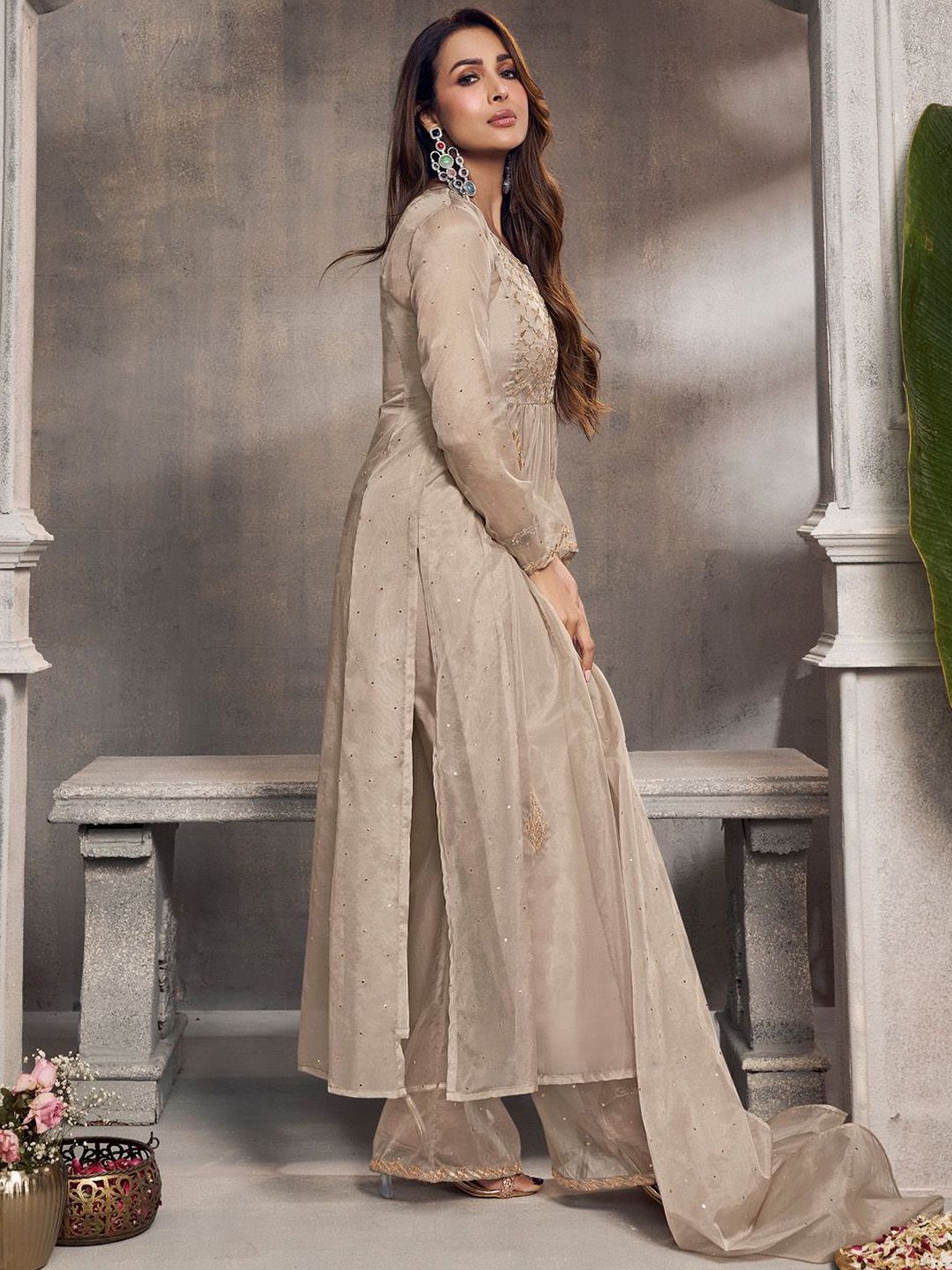 Dhiyona IN Ethnic Motifs Embroidered Pleated Zari Organza Kurta With Palazzos & Dupatta