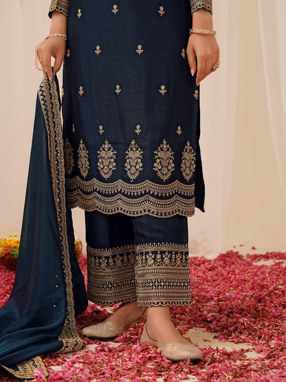 Dhiyona KL Ethnic Motifs Embroidered Sequinned Straight Kurta with Palazzo & Dupatta
