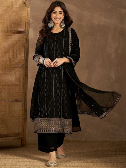 Dhiyona IN Women Striped Embroidered Kurta with Palazzo & Dupatta