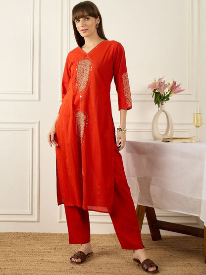 Floral Printed Thread Work Pure Cotton Kurta With Palazzos
