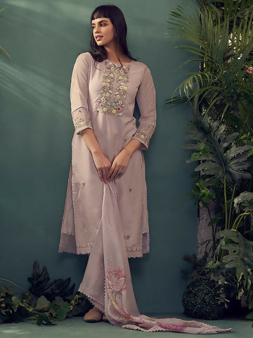 Women's Mauve, purple & green embroidered Kurta with Trousers with dupatta Set