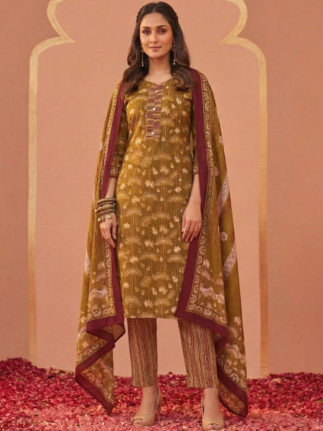 Printed Cotton Sweetheart Neck Kurta & Trousers With Dupatta
