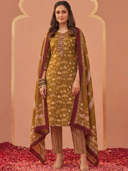 Printed Cotton Sweetheart Neck Kurta & Trousers With Dupatta