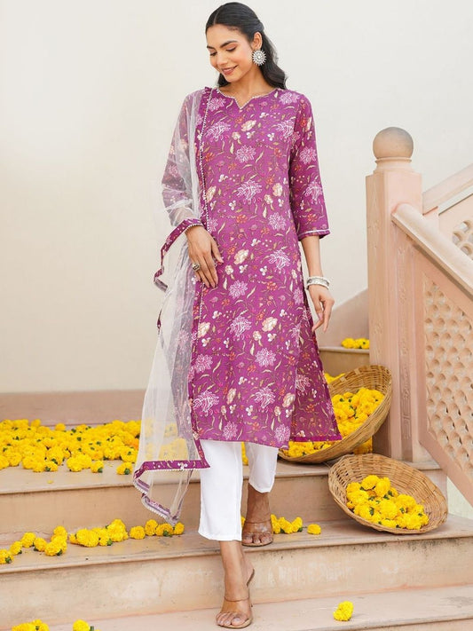 Dhiyona KL Floral Printed Straight Kurta With Trousers & Dupatta