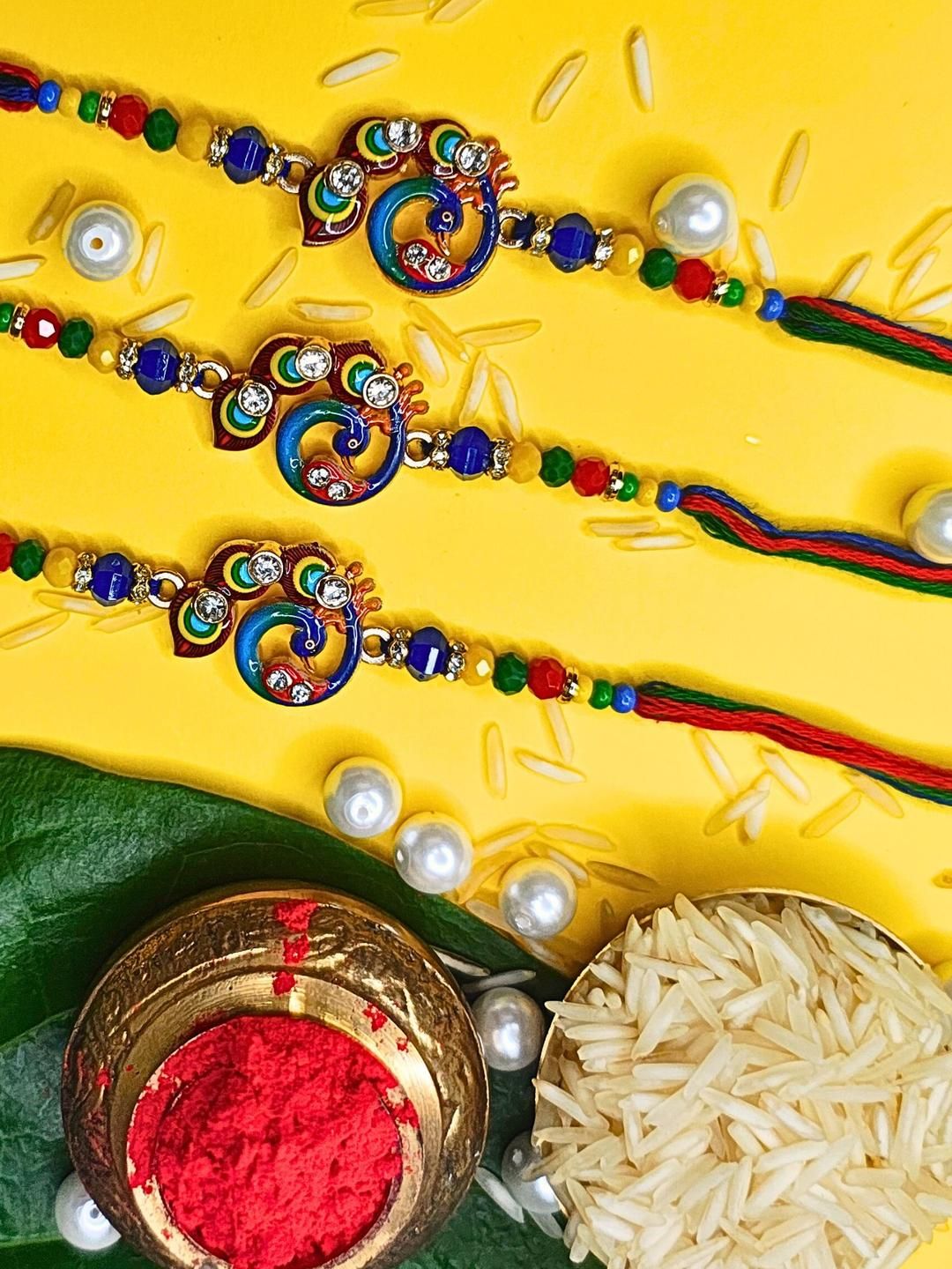 Dhiyona Set Of 3 Beaded Cotton Thread with AD Stones & Meenakari Designer Rakhi for Brother