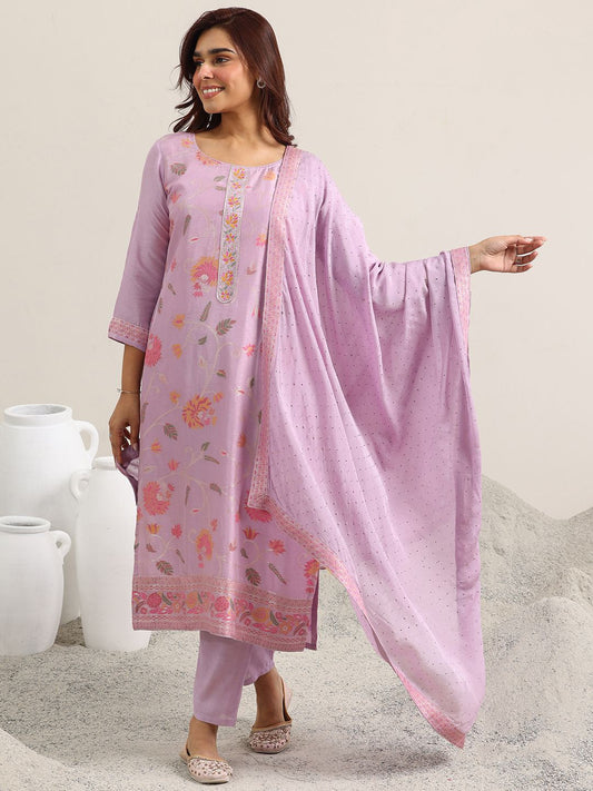 Floral Woven Design Straight Kurta With Trousers & Dupatta