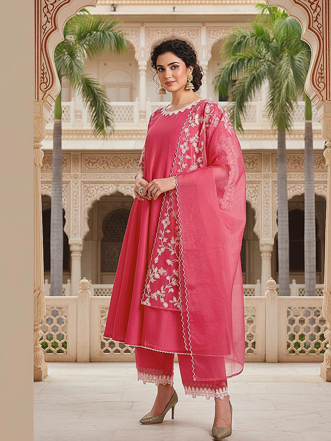 Dhiyona KL Women Embroidered Empire Thread Work Kurta with Palazzos & With Dupatta