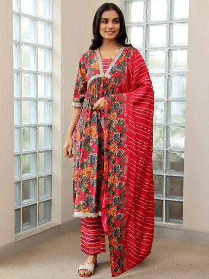 Women's LB Pink Printed Silk Blend A-Line Kurta With Trousers & Dupatta