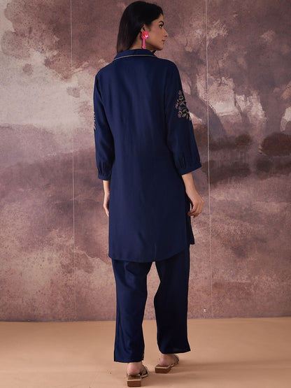 Floral Embroidered Thread Work Pure Cotton Kurta With Trousers