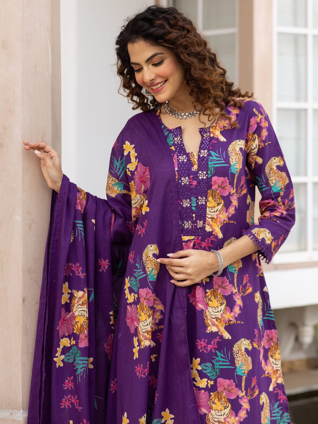 Printed Pure Cotton V-Neck Kurta Trousers & Dupatta