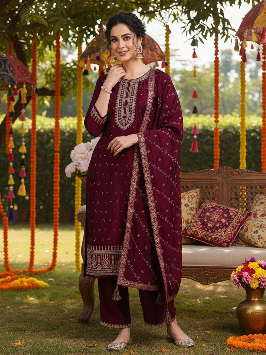 Dhiyona KL Floral Embroidered Sequinned Kurta with Palazzo & Dupatta