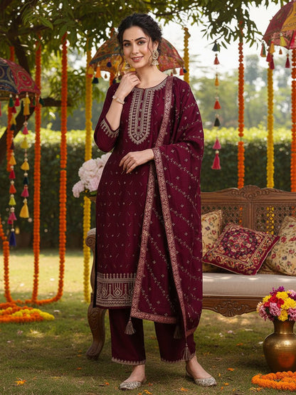 Dhiyona KL Floral Embroidered Sequinned Kurta with Palazzo & Dupatta
