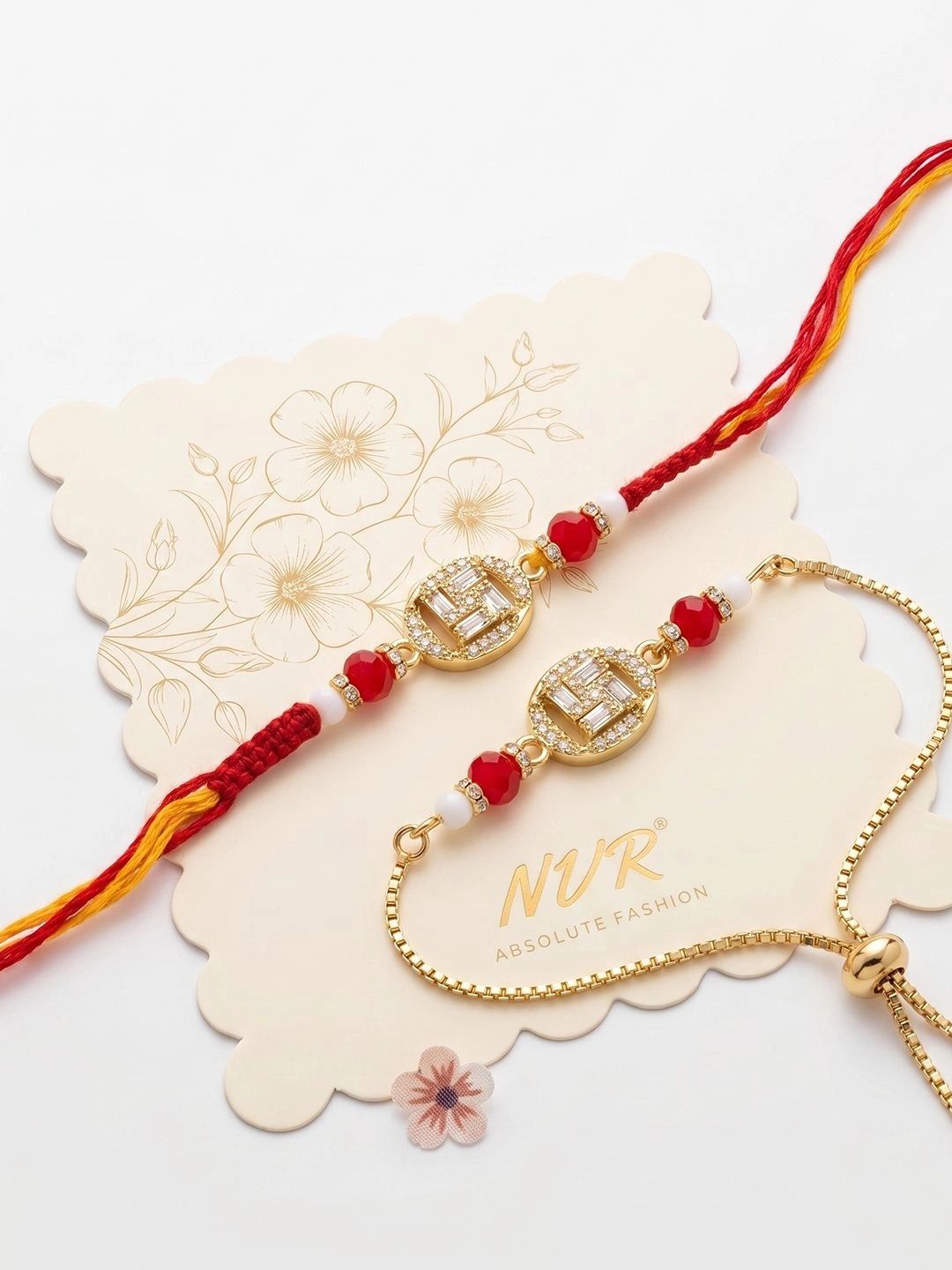 Dhiyona Set Of 2 Artificial Stones & Beads Swastik Bhaiya Bhabhi Rakhi With Roli Chawal