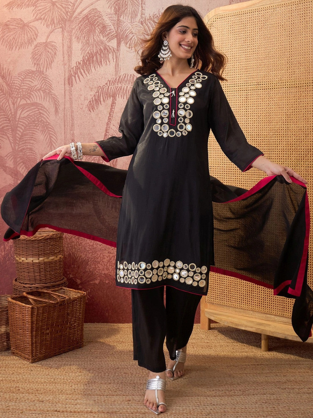 Dhiyona SN Women Floral Embroidered Regular Mirror Work Kurta with Trousers & With Dupatta
