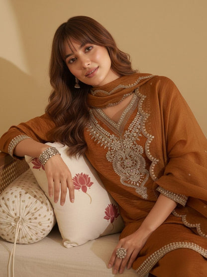 Dhiyona CH Women Ethnic Motifs Embroidered Regular Thread Work Kurta with Palazzos & With Dupatta