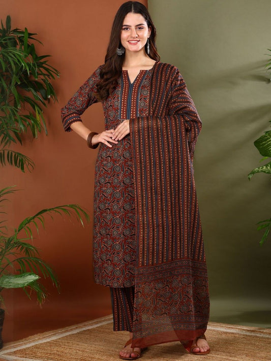 Dhiyona KL Women Ethnic Motifs Printed Notch Neck Pure Cotton Kurta & Trousers With Dupatta
