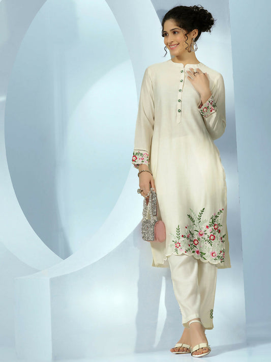 Women's LB Off White Embroidered Silk Blend Straight Kurta Set