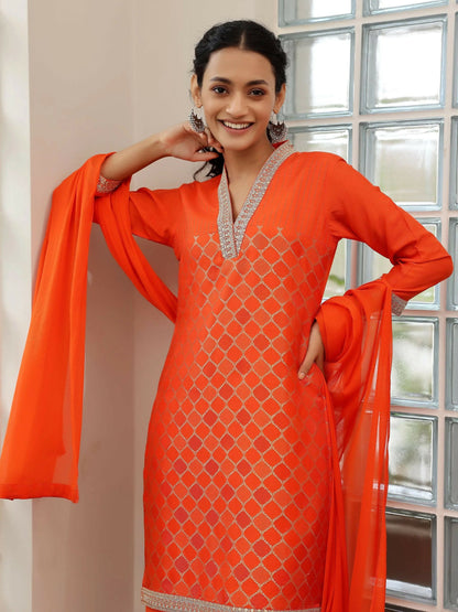 Women's LB Orange Woven Design Silk Blend Straight Suit With Dupatta