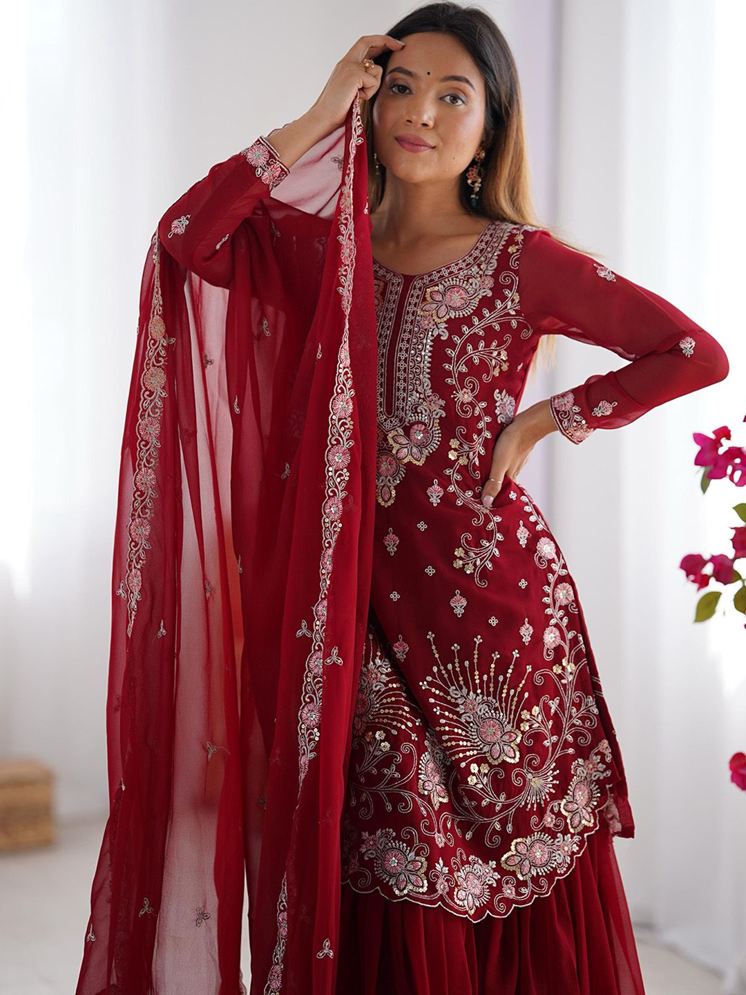 Dhiyona KL Ethnic Motifs Embroidered Sequinned Straight Kurta With Sharara And Dupatta