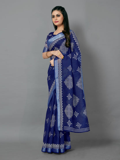 Women's Cotton Blend Navy Blue Printed Designer Saree With Blouse Piece