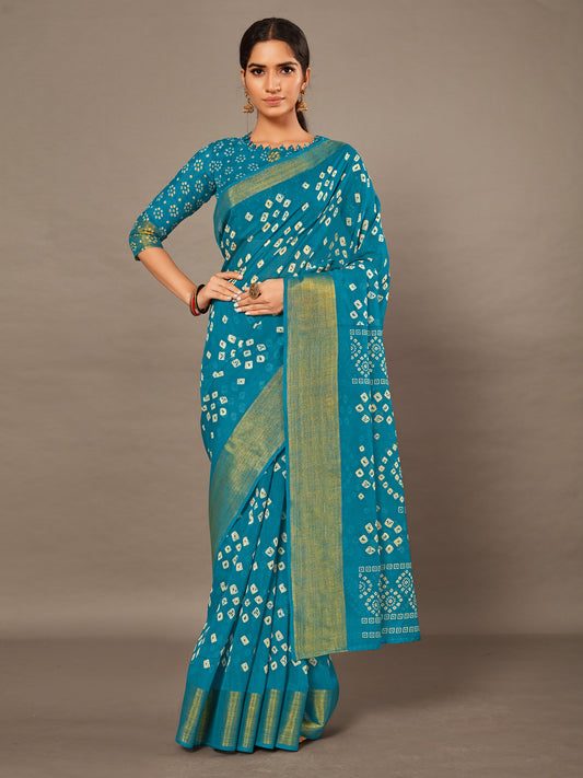 Women's Cotton Blend Blue Printed Celebrity Saree With Blouse Piece