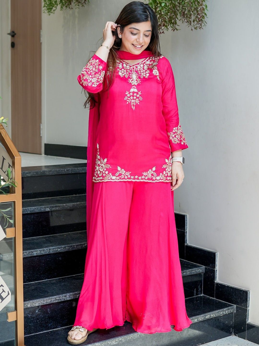 Dhiyona KL Women Ethnic Motifs Embroidered Regular Thread Work Silk Crepe Kurta with Palazzos & With Dupatta