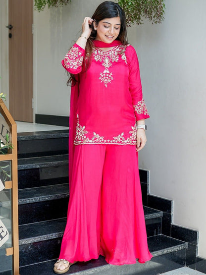Dhiyona KL Women Ethnic Motifs Embroidered Regular Thread Work Silk Crepe Kurta with Palazzos & With Dupatta