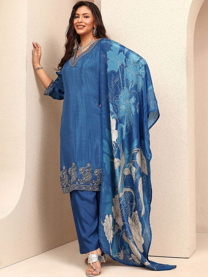Dhiyona Women's Ethnic Motifs Regular Thread Work Silk Crepe Kurta with Palazzos & With Dupatta