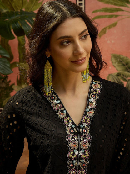 Embroidered Pure Cotton V-Neck Kurti & Trousers