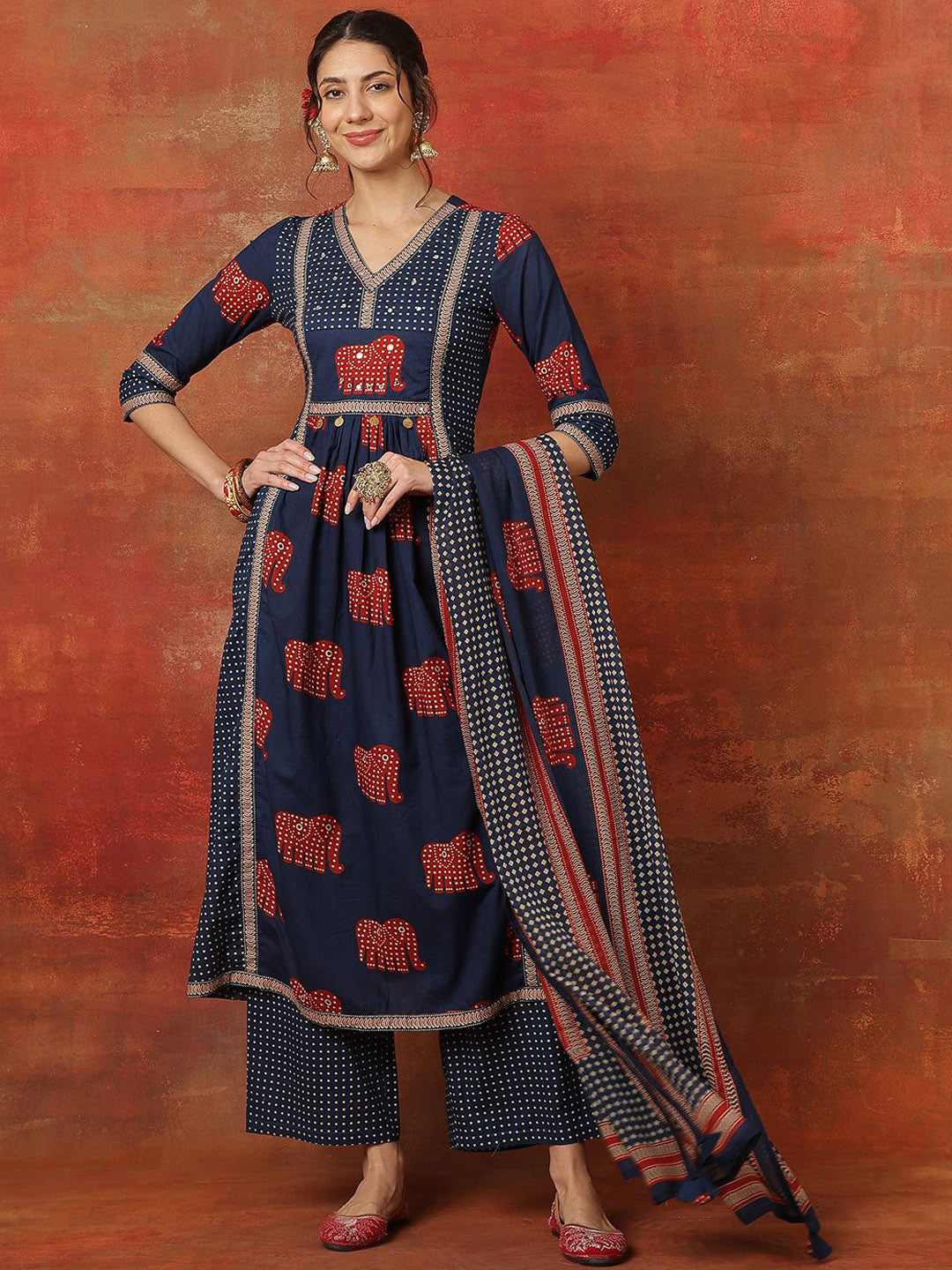Dhiyona SN Printed Pure Cotton V-Neck Anarkali Kurta With Palazzos And Dupatta