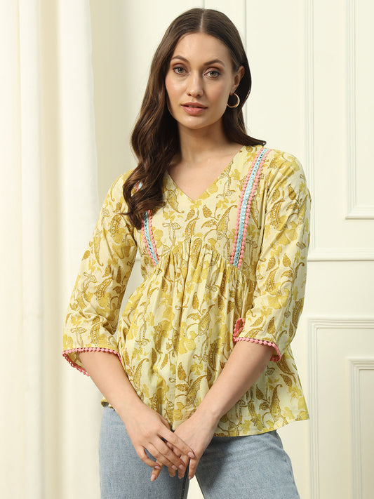 Women's Yellow Printed Cotton Top