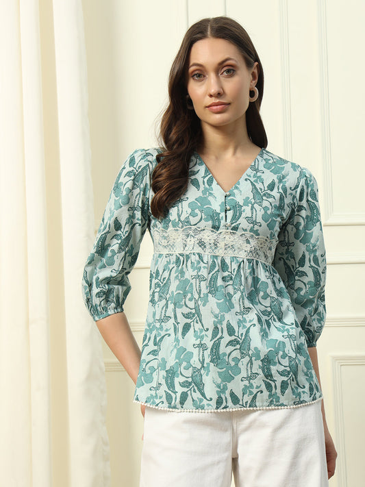 Women's Sky Blue Printed Cotton Top